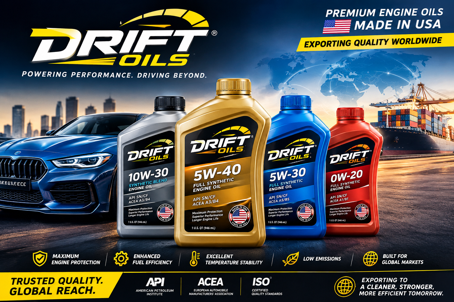Drift Oils premium engine oil bottles — 10W-30, 5W-40, 5W-30, 0W-20 — made in USA, exported worldwide